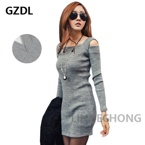 GZDL Fashion Autumn Winter Women Sweater Knitted Dress Long Sleeve Bodycon Stretch Woman Solid Casual Party Lady Dresses