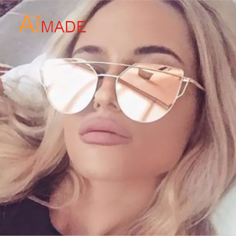 Aimade 2016 New Cat Eye Sunglasses Women Brand Designer Fashion Twin-Beams Rose Gold Mirror Cateye Sun Glasses For Female UV400